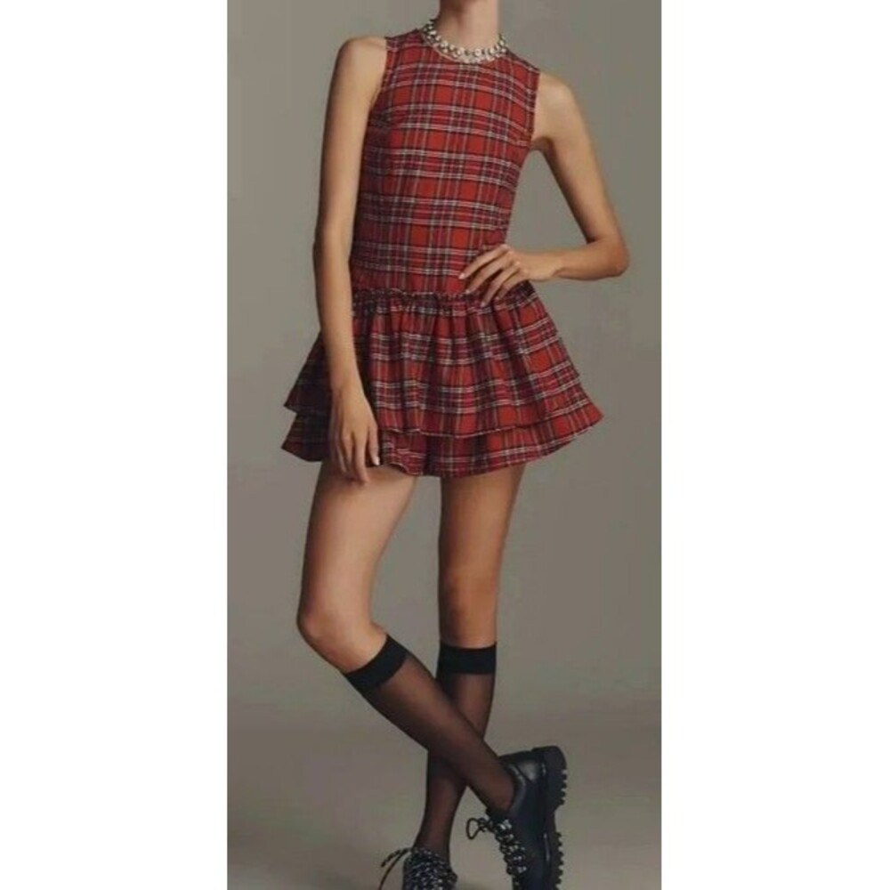Anthropologie Porridge sz. Small Romper Mini Dress Red Plaid w/ Built in Shorts